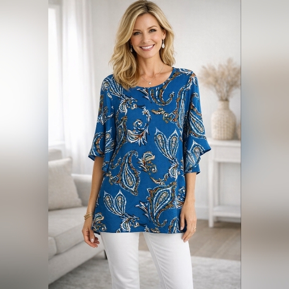 Chico's Tops - Chico's 0 blue Paisley tunic 3/4 flare/flutter Slvr round neck poly/Spndx